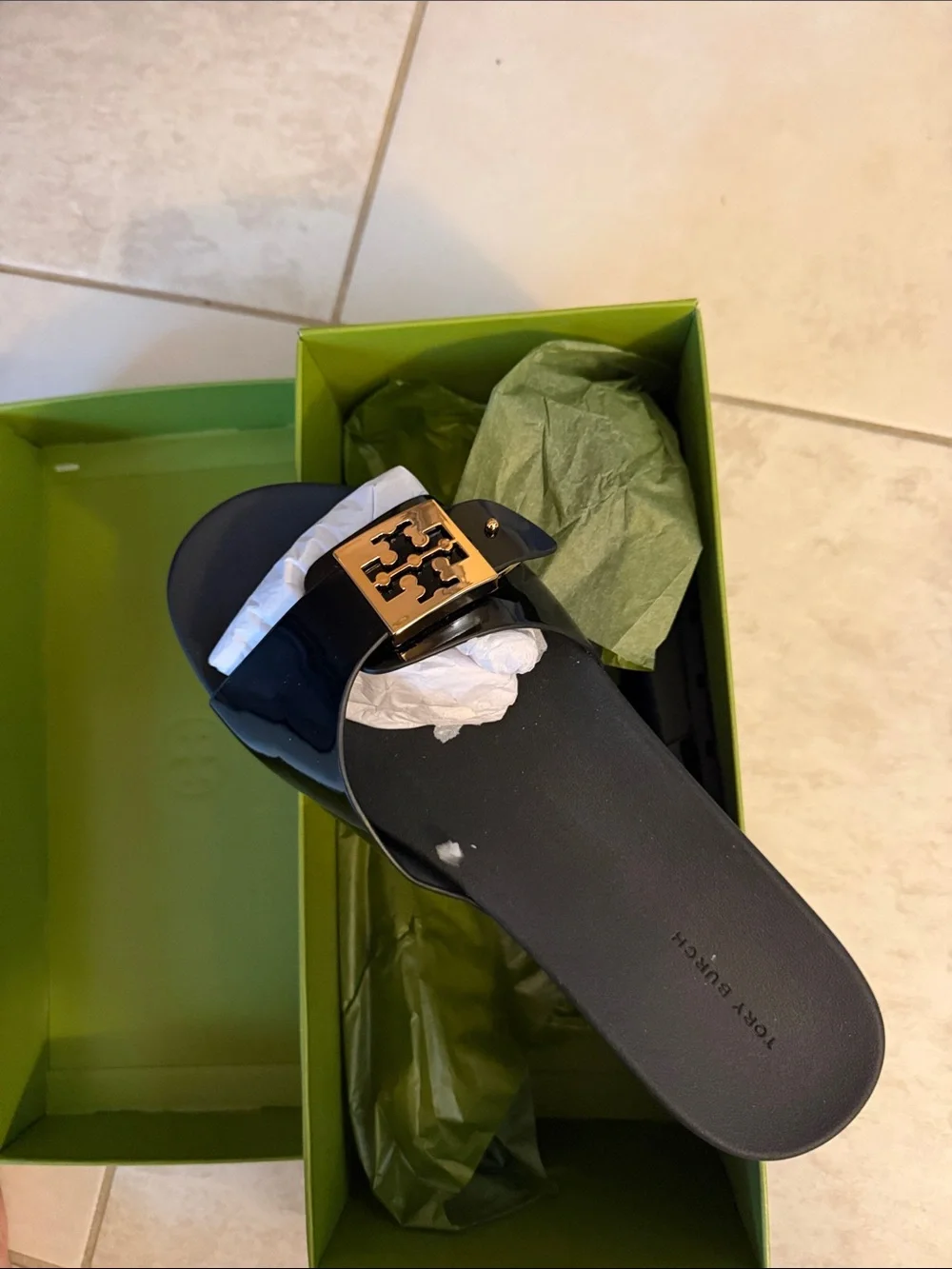 Tory Burch Lime Green Box with Gold Logo  buckle slide